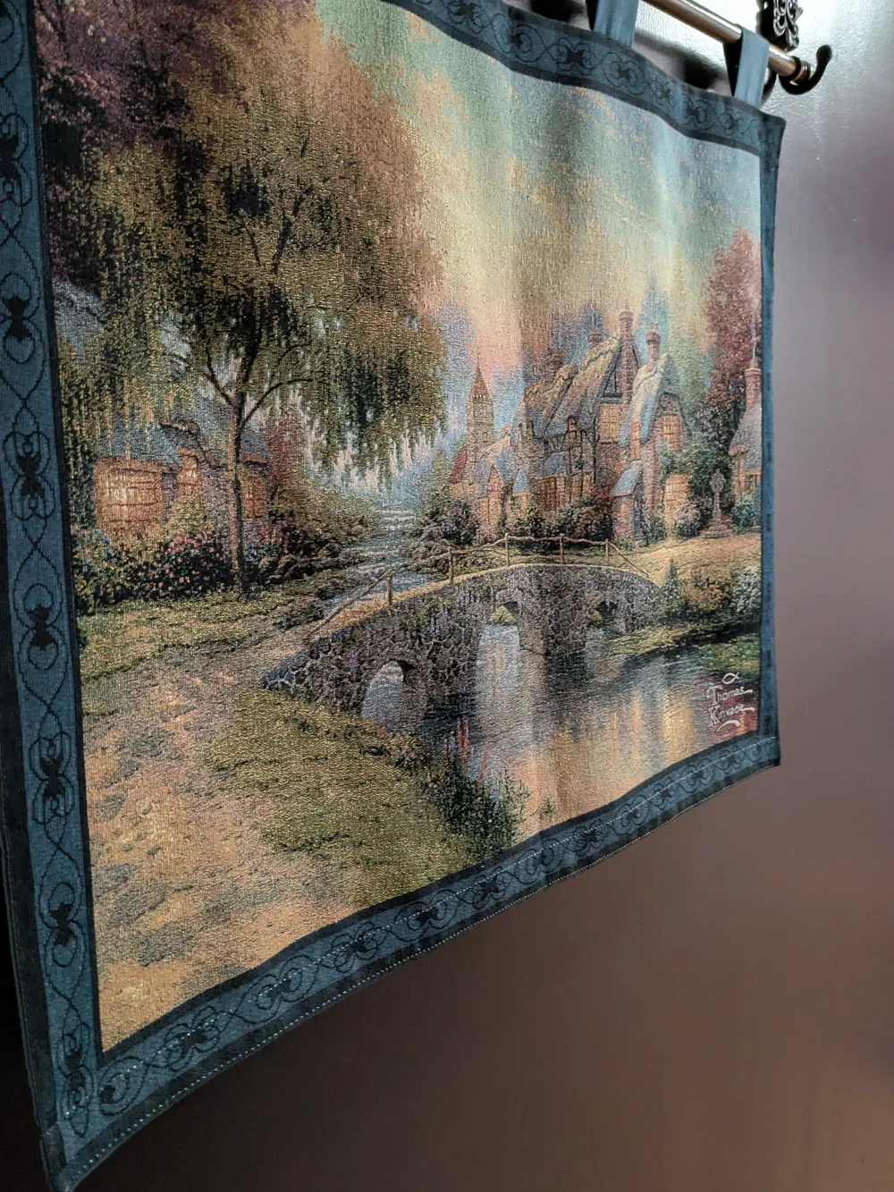 Thomas Kinkade Cottage Bridge Tapestry - Blue, Green, Brown